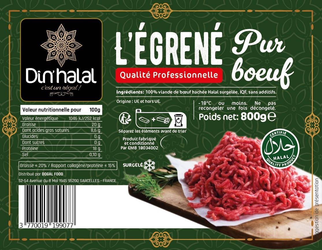 E770 : Din'Halal égréné de boeuf 800gr ( 13pc par colis ) 