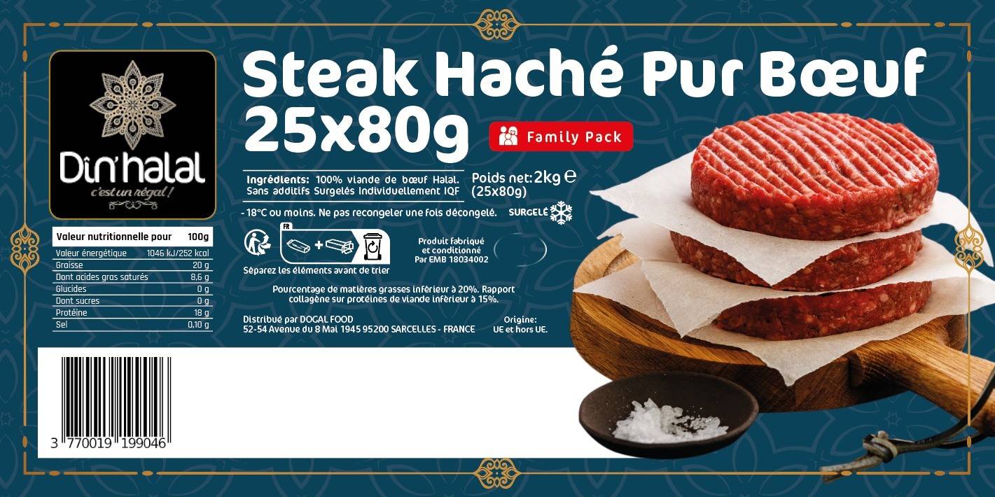 E761 : Din'Halal Steak Haché 80gr x 25Pc 2Kg 