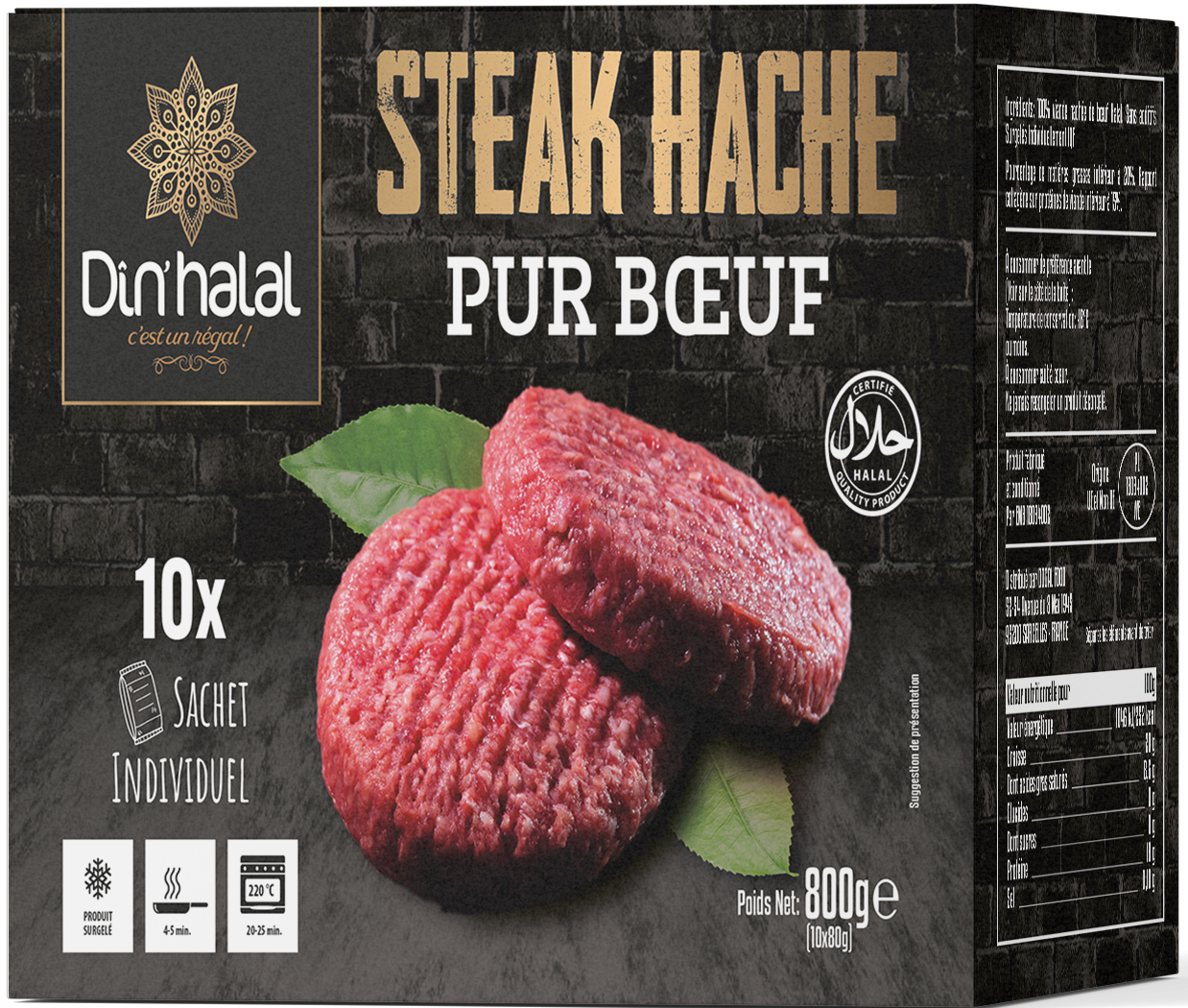 E780 : Din'Halal Steak Hachés 800gr ( 9pc par colis ) 