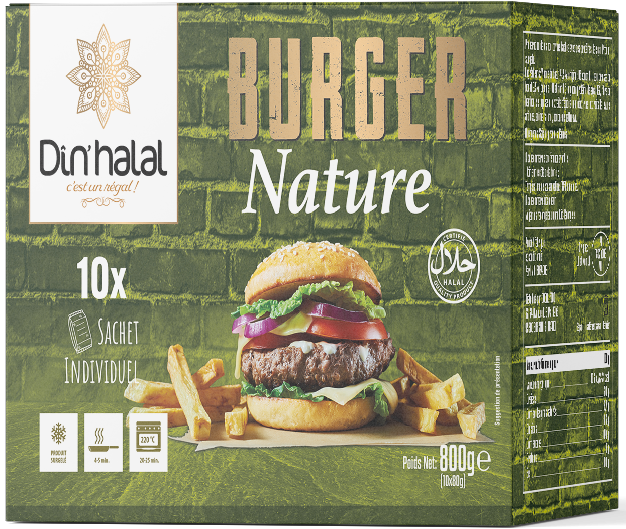 E781 : Din'Halal Burger Nature 800Gr ( 9pc par colis ) 