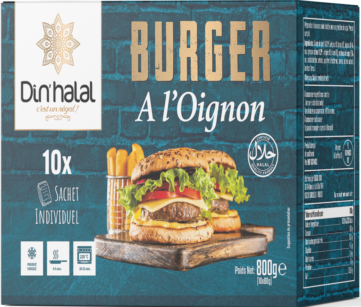 E783 : Din'Halal Burger Oignon 800Gr ( 9pc par colis ) 