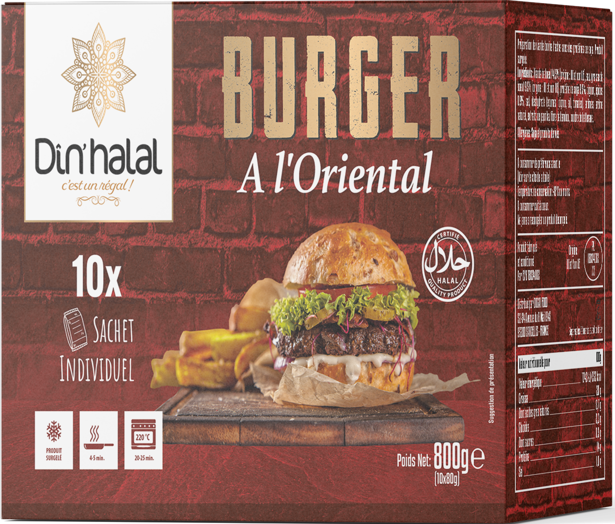 E782 : Din'Halal Burger Oriental 800Gr ( 9pc par colis ) 