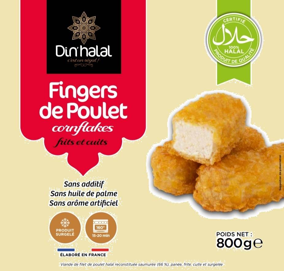 E713 : Din'Halal Finger de poulet cornflakes 800gr ( 8pc par colis ) 